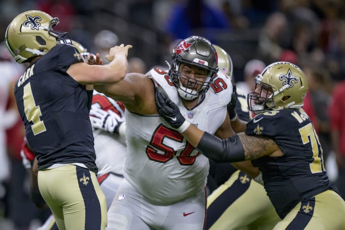 Tampa Bay Buccaneers defensive tackle Vita Vea (50) pressures New Orleans Saints quarterback Derek Carr (4). Mandatory Credit: Matthew Hinton-USA TODAY